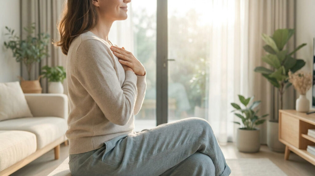 Femme en pull beige, mains sur la poitrine, yeux fermés, respirant calmement. Détente et gestion de la douleur à la maison.