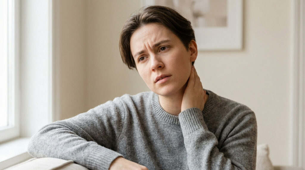 Jeune femme au pull gris, le visage crispé, se tenant le cou, exprimant un inconfort ou une douleur à la gorge.