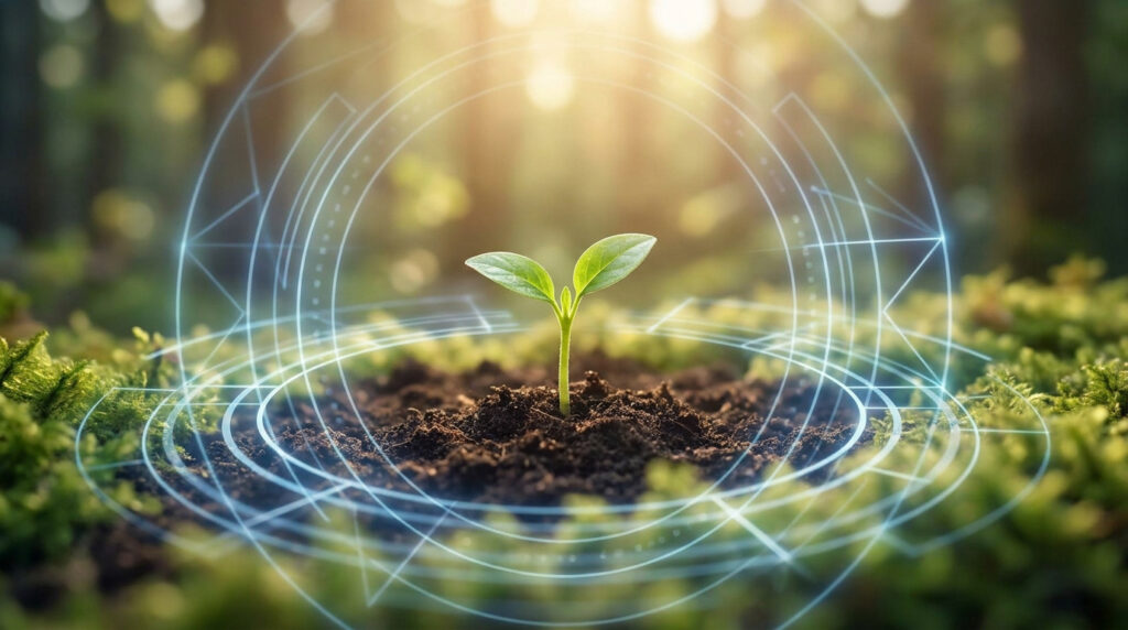 Une jeune pousse verte émerge de la terre fertile, entourée de lignes lumineuses bleues, évoquant l'innovation et le soutien à la vie.