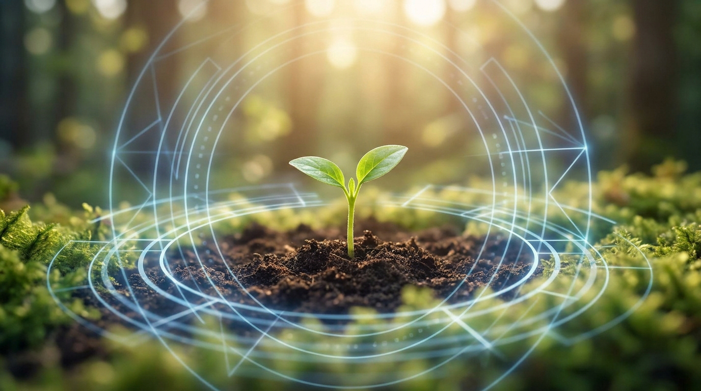 Une jeune pousse verte émerge de la terre fertile, entourée de lignes lumineuses bleues, évoquant l'innovation et le soutien à la vie.