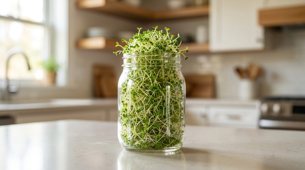 Un bocal en verre transparent rempli de jeunes pousses d'alfalfa vertes et fraîches sur un comptoir de cuisine moderne et lumineux.