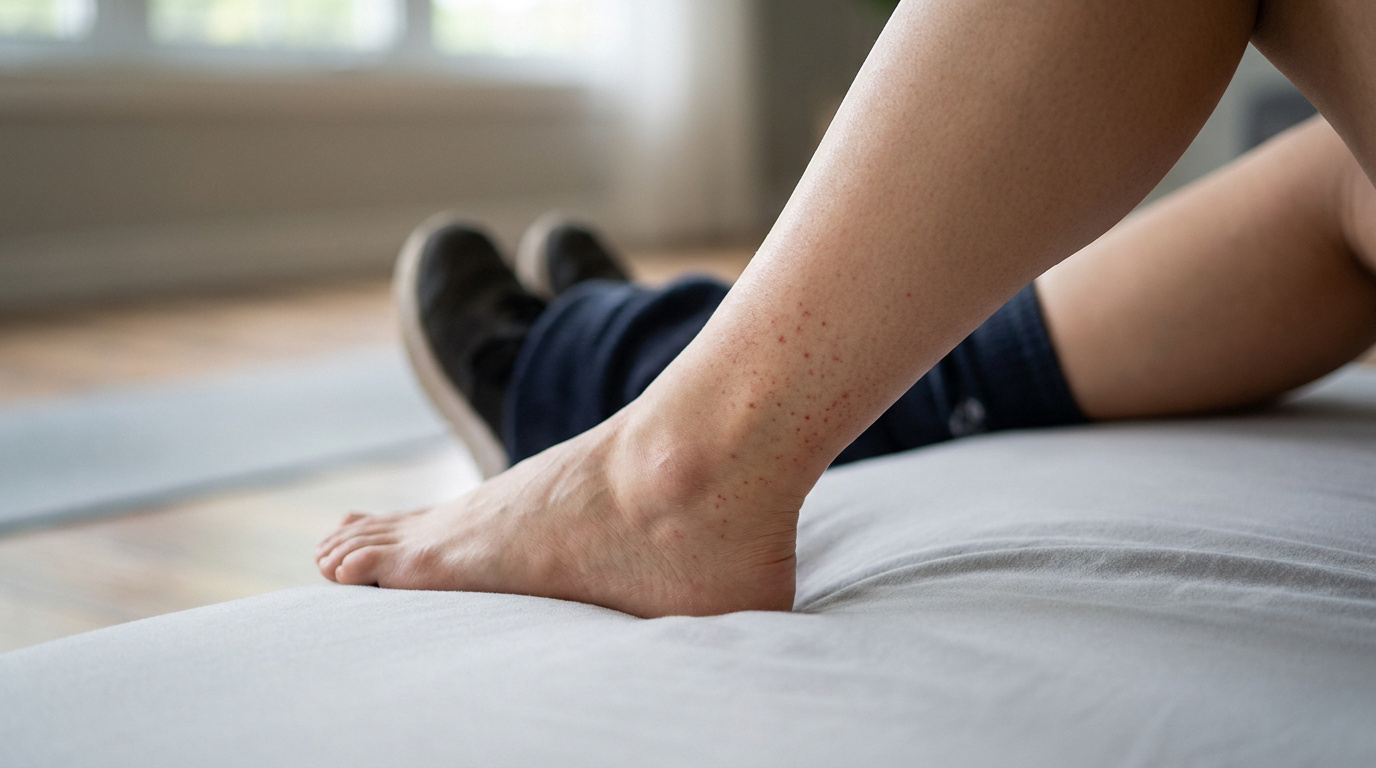 Gros plan sur une jambe et un pied présentant de multiples petites taches rouges, typiques du purpura d'effort.