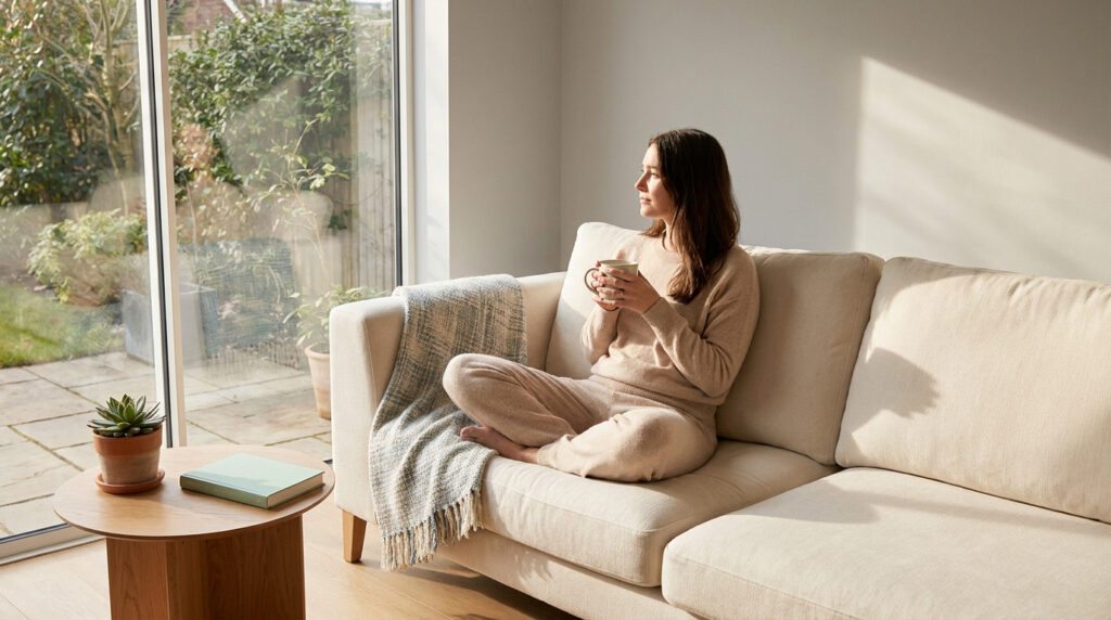 Une femme sereine en tenue décontractée se repose sur un canapé, un mug à la main, face à un jardin ensoleillé.