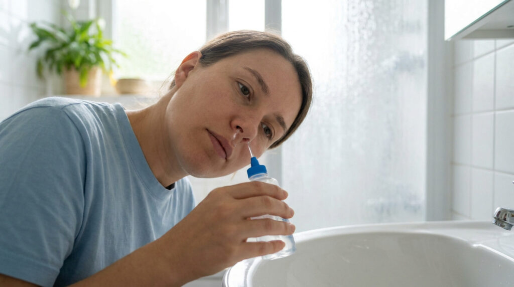 Gros plan sur une femme utilisant un flacon de sérum physiologique pour se rincer le nez, penchée au-dessus d'un lavabo.