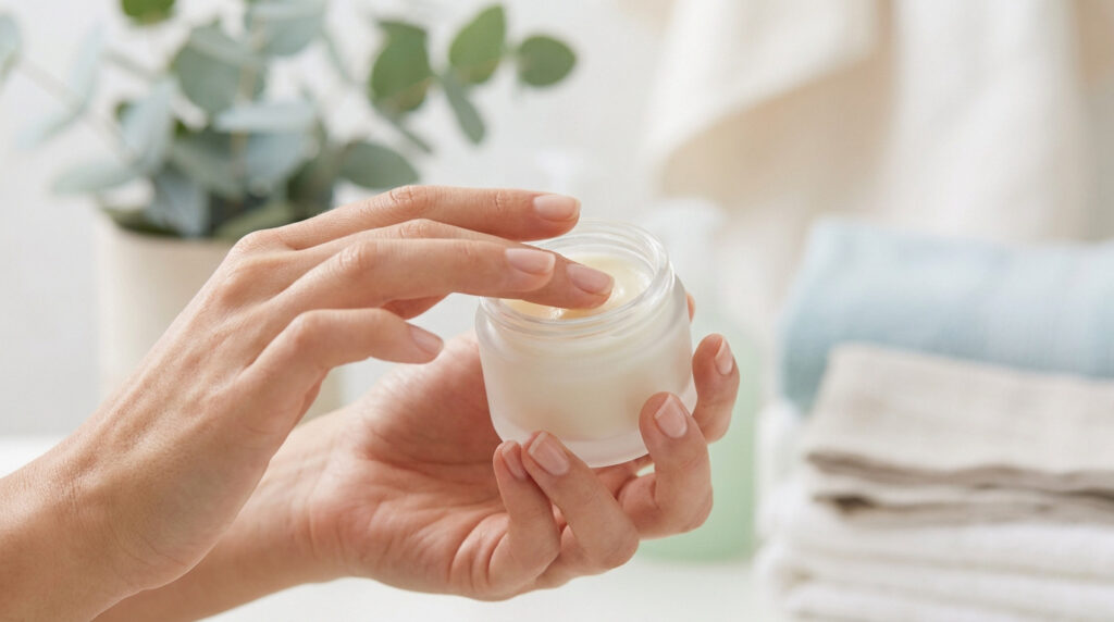 Une main prélève délicatement de la crème dans un pot en verre, symbolisant un soin doux et hydratant pour la peau.