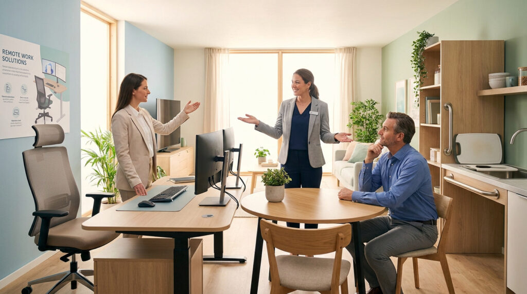 Deux professionnelles présentent un espace de vie et de travail ergonomique et accessible à un homme attentif.