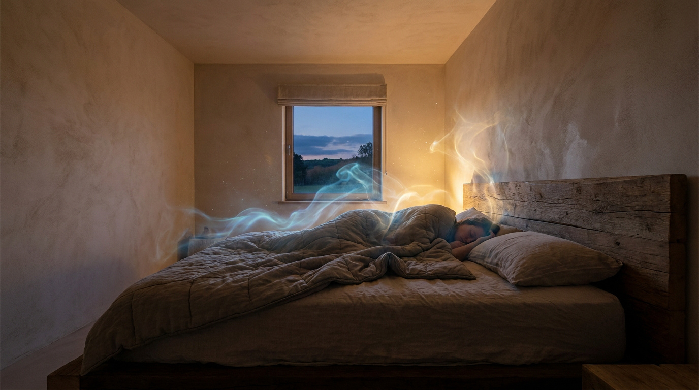 Personne endormie dans un lit. Des volutes lumineuses bleues et dorées s'échappent, suggérant énergie ou rêve, avec fenêtre sur paysage nocturne.