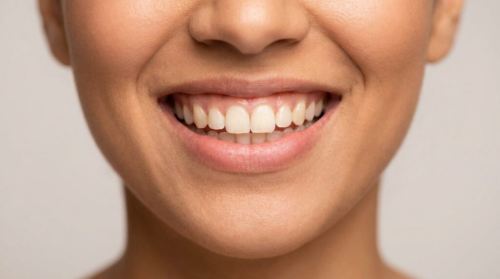 Gros plan sur un sourire radieux : dents blanches et alignées, gencives roses et saines, sans espaces noirs entre les dents.