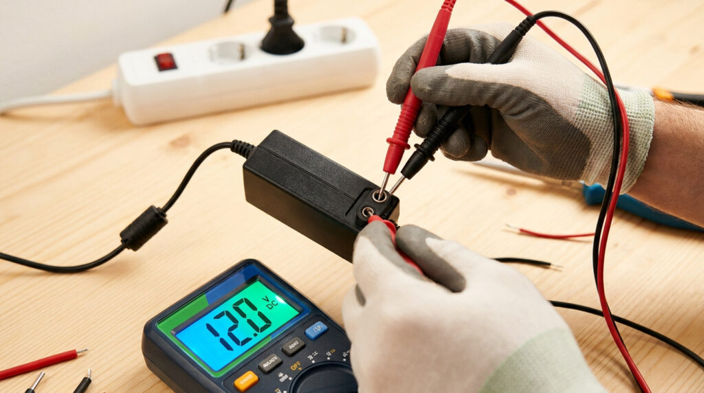 Personne gantée testant une alimentation électrique avec les sondes d'un multimètre affichant 12.0 V DC sur un établi en bois.