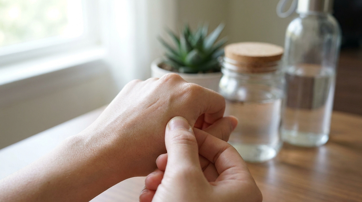 Une personne pince la peau du dos de sa main pour tester l'hydratation, avec des bouteilles d'eau floues en arrière-plan.