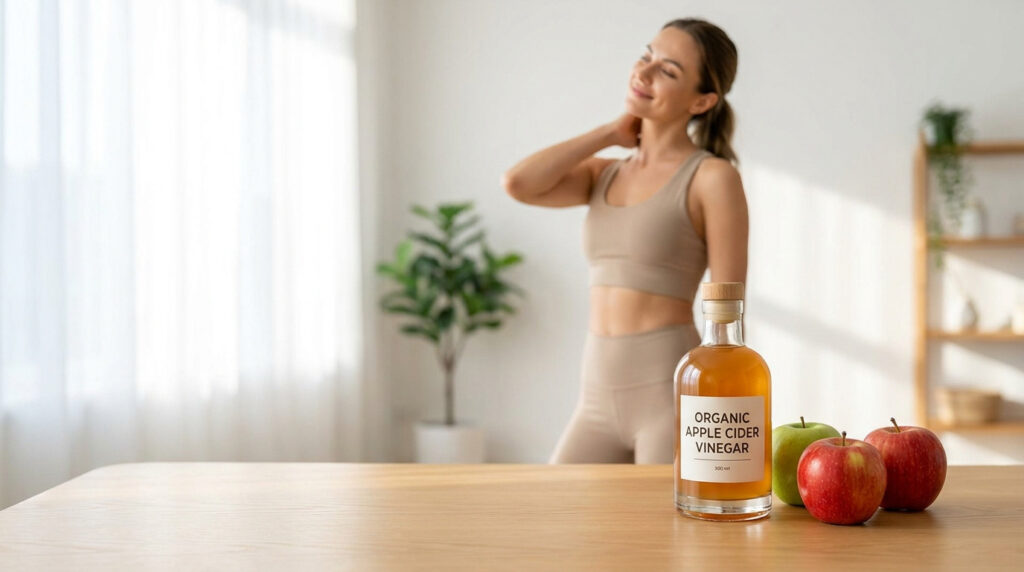 Bouteille de vinaigre de cidre bio et pommes sur table, femme en sportswear soulageant son cou en arrière-plan.
