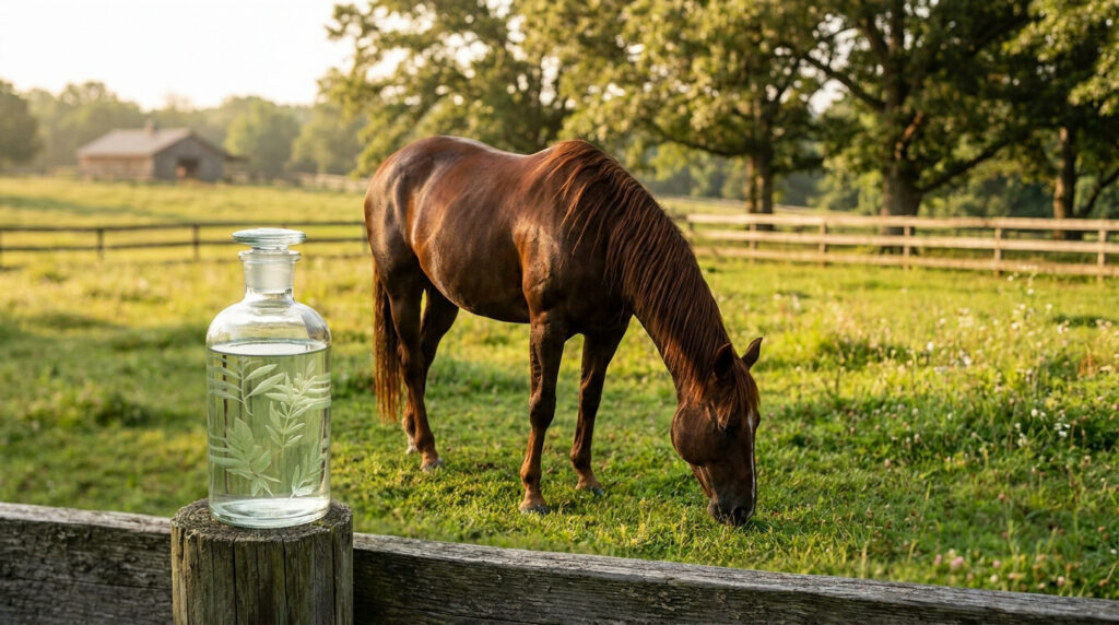 Une bouteille en verre avec des motifs de feuilles posée sur une clôture, avec un cheval au pâturage en arrière-plan.