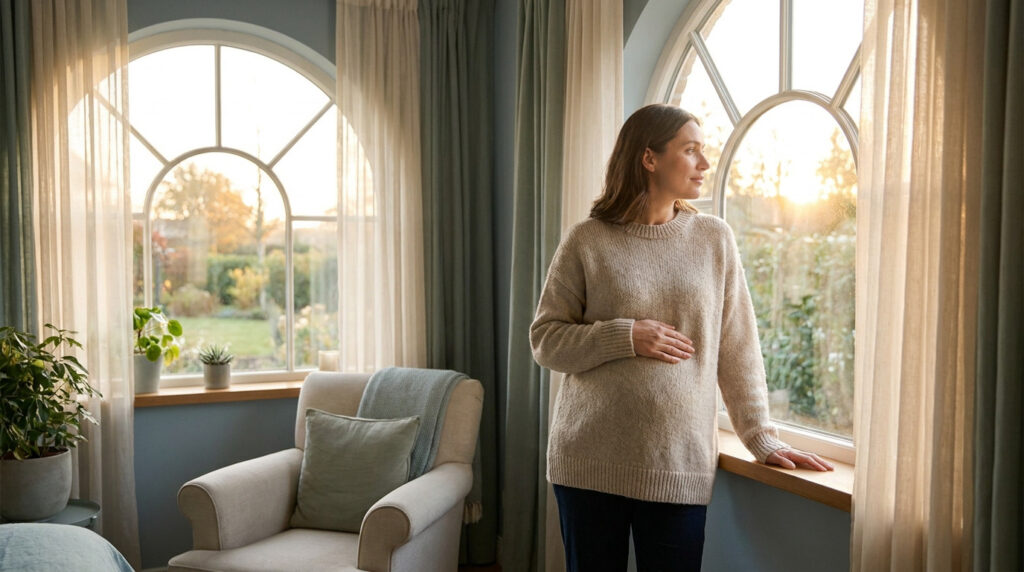 Une femme enceinte portant un pull beige regarde par une fenêtre cintrée avec un air pensif et serein.