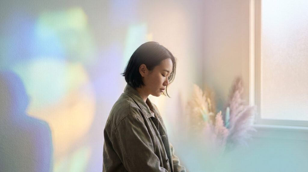 Une femme aux yeux fermés, baignée dans une lumière douce et colorée qui se projette sur le mur près d'une fenêtre.