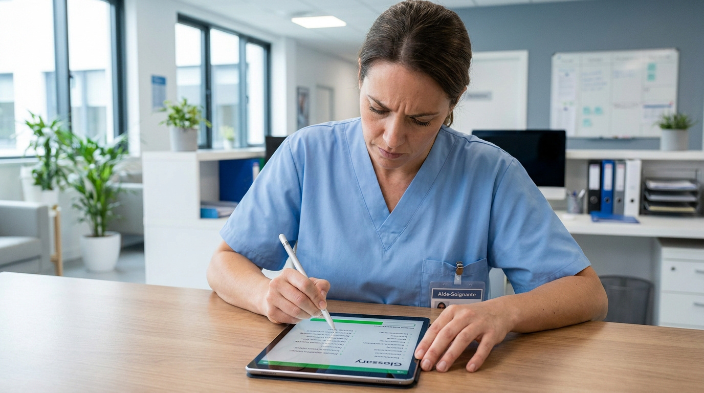Une aide-soignante en uniforme bleu consulte une tablette numérique avec un stylet dans un bureau médical.