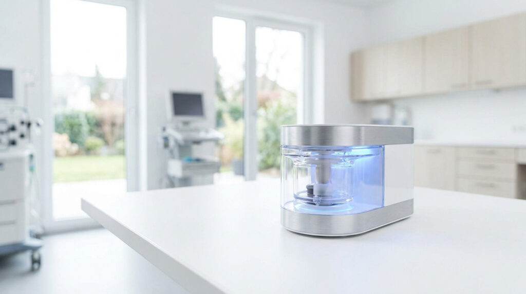Appareil médical moderne avec éclairage bleu posé sur une table blanche dans un cabinet médical lumineux.