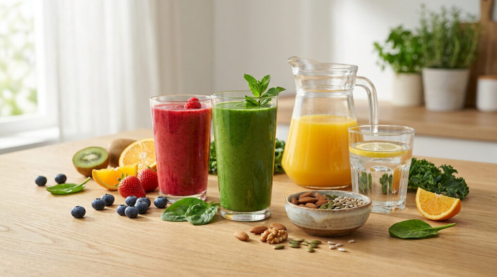 Jus, smoothies et ingrédients frais sur une table en bois pour favoriser la pousse des cheveux.
