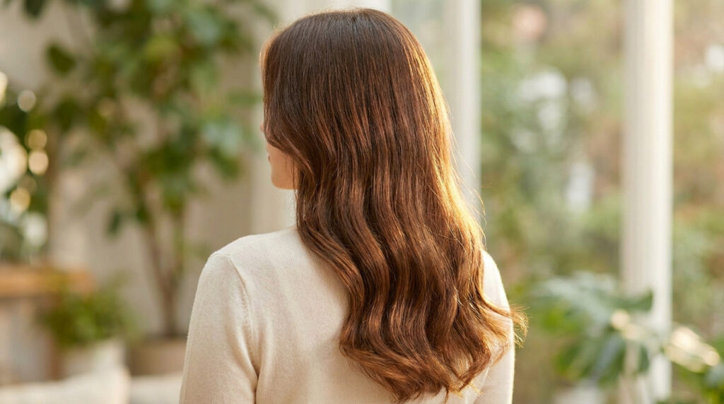 Vue de dos d'une femme aux cheveux longs, ondulés et brillants, dans un intérieur lumineux avec des plantes.