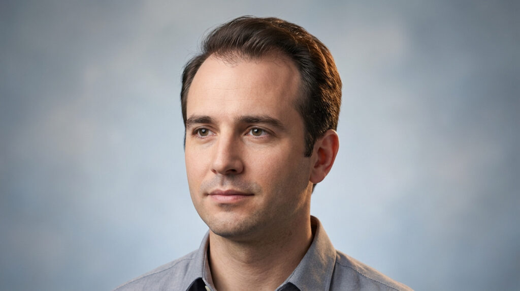 Portrait d'un homme aux cheveux bruns regardant au loin sur un fond gris neutre.