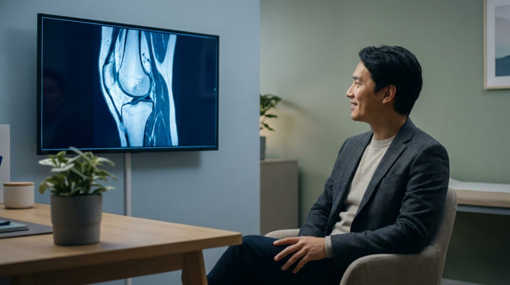 Un homme souriant regarde l'image IRM d'un genou affichée sur un écran dans un cabinet médical.