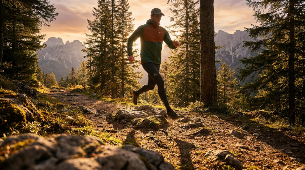 Un coureur de trail court sur un sentier montagneux au coucher du soleil.