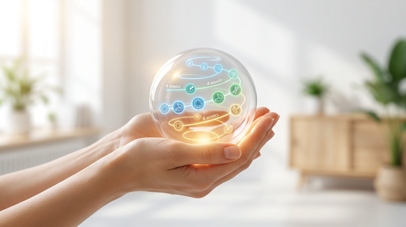 Mains tenant une sphère de verre lumineuse affichant un schéma de développement biologique et temporel.