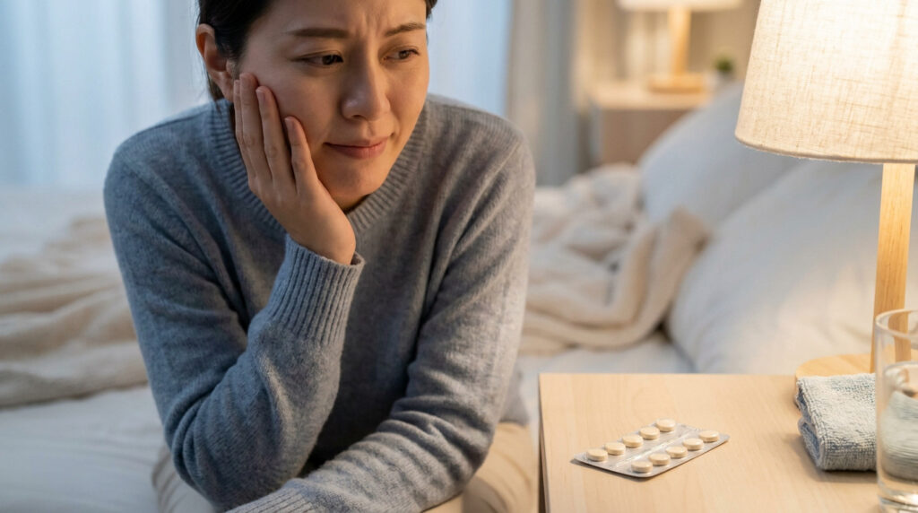 Femme assise sur un lit, tenant sa joue avec une expression douloureuse, avec des comprimés sur la table de chevet.
