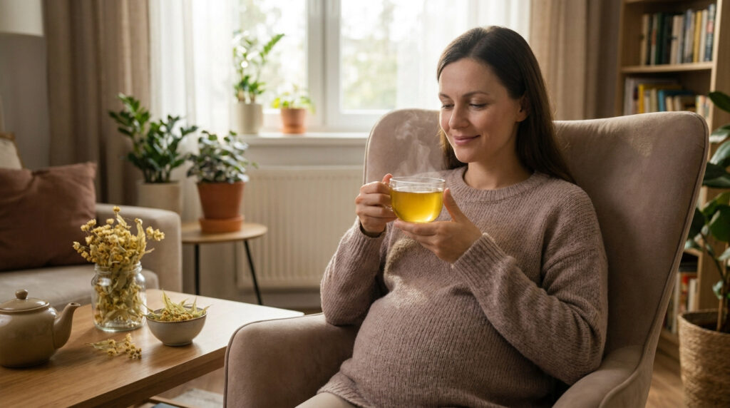 Femme enceinte assise dans un fauteuil confortable, tenant une tasse de tisane chaude avec de la vapeur.
