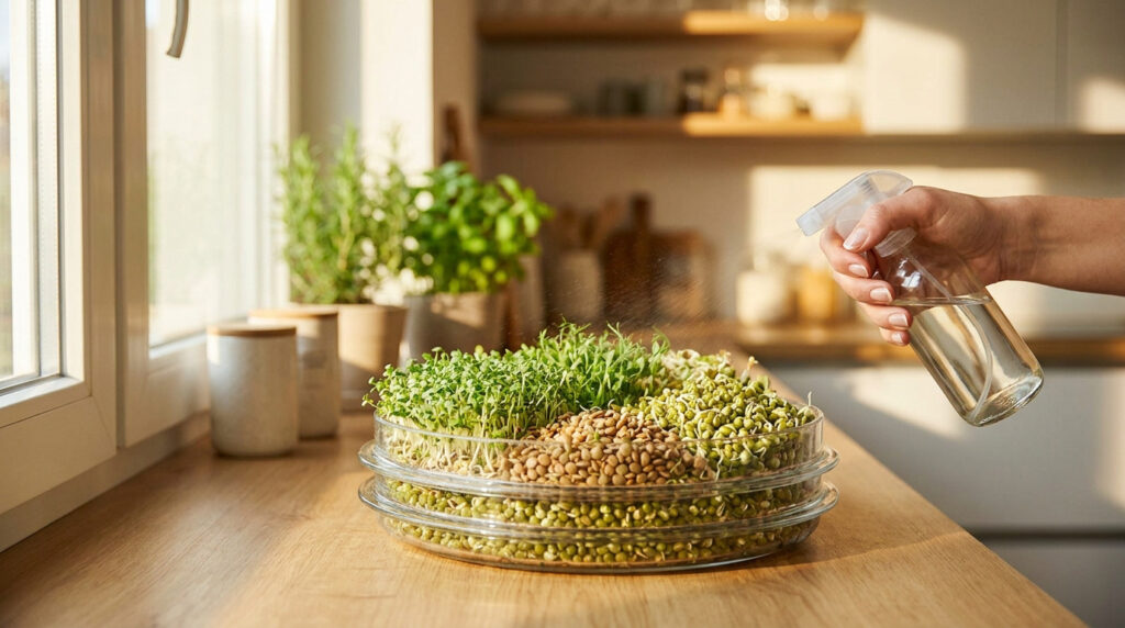 Une main vaporise de l'eau sur un germoir en verre contenant différentes graines en cours de germination.