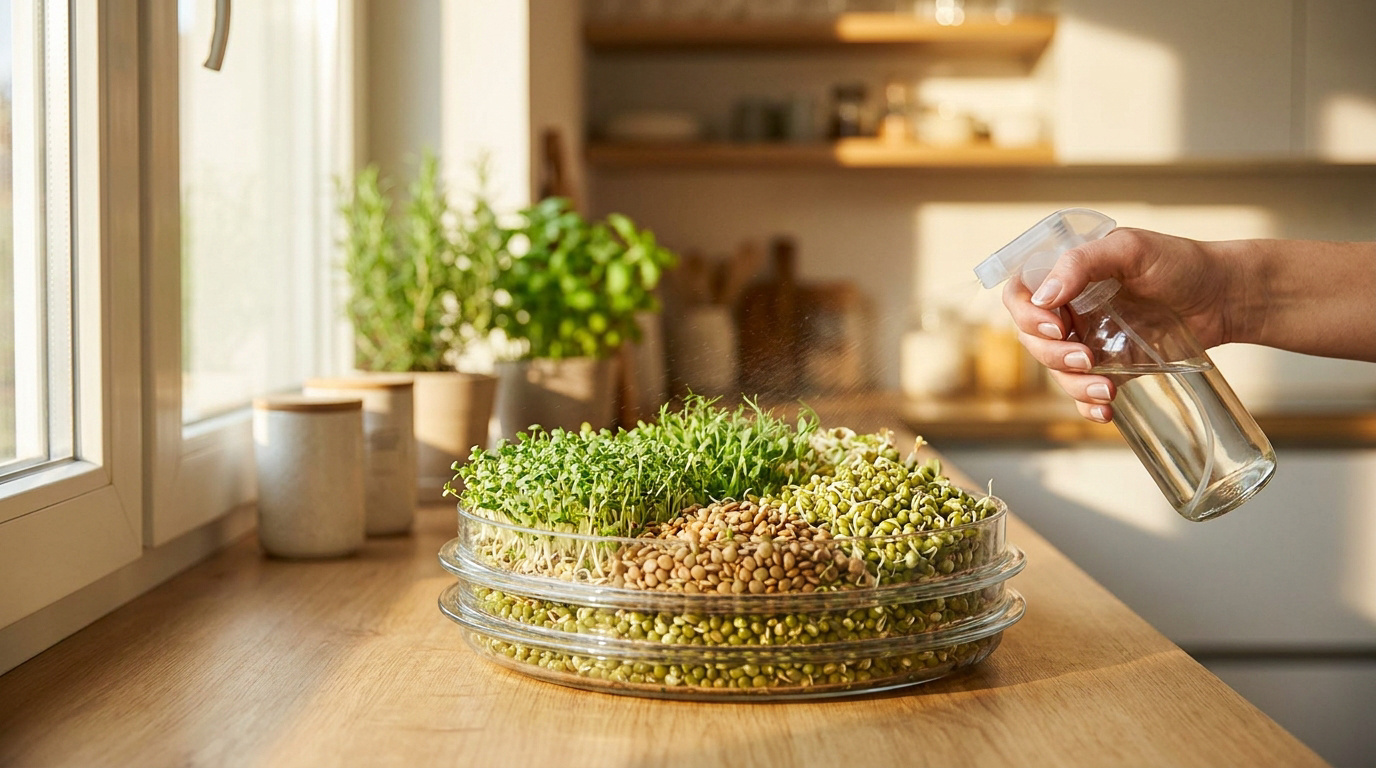 Une main vaporise de l'eau sur un germoir en verre contenant différentes graines en cours de germination.