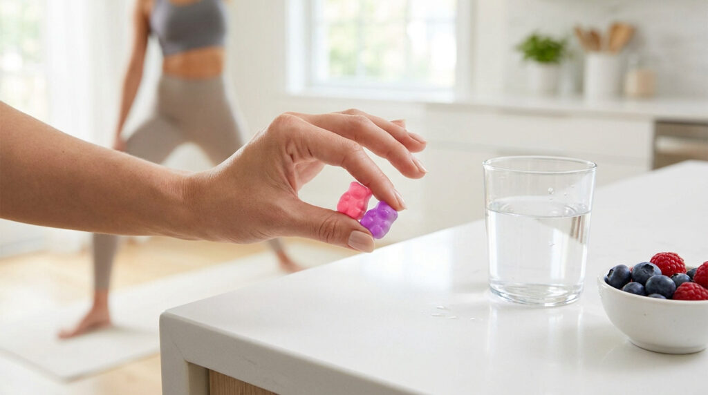 Une main tient deux gummies en forme d'ourson près d'un verre d'eau, avec une personne faisant du sport en arrière-plan.
