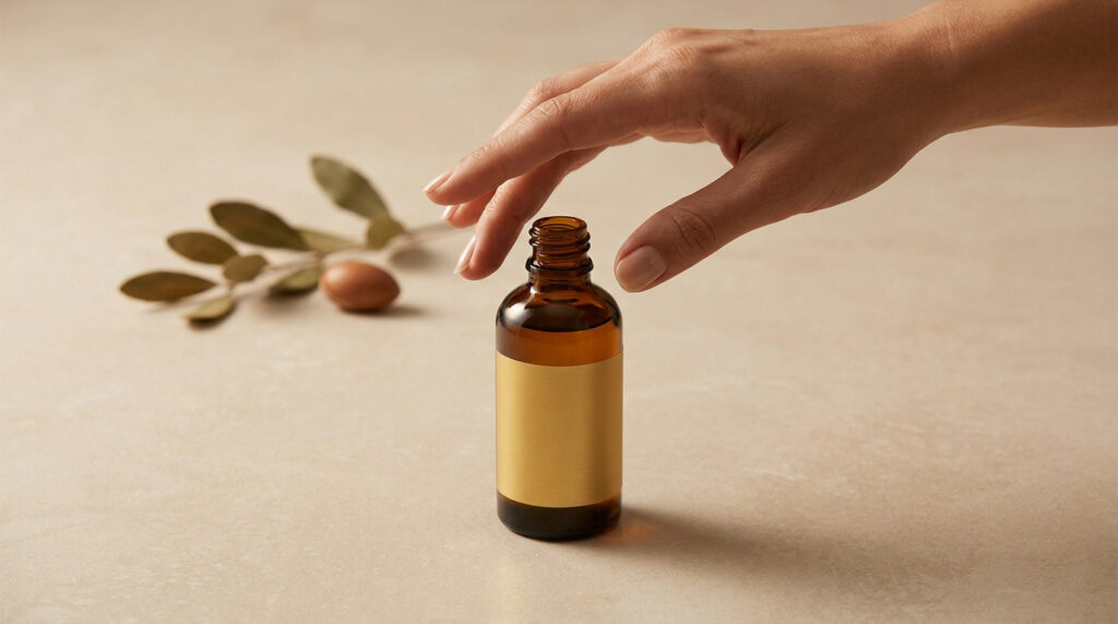 Main féminine s'approchant d'un flacon d'huile d'argan avec une noix et des feuilles en arrière-plan.