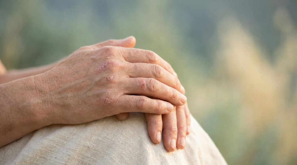 Mains d'une personne présentant des plaques d'eczéma, posées sur un genou avec un fond flou.