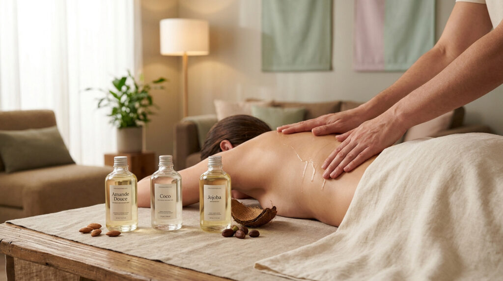 Une personne reçoit un massage du dos dans un salon zen avec des bouteilles d'huiles végétales au premier plan.