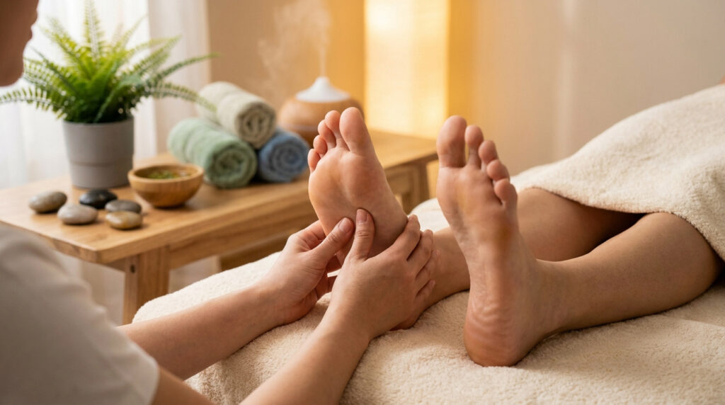 Un réflexologue masse le pied d'un client dans une ambiance relaxante de spa.