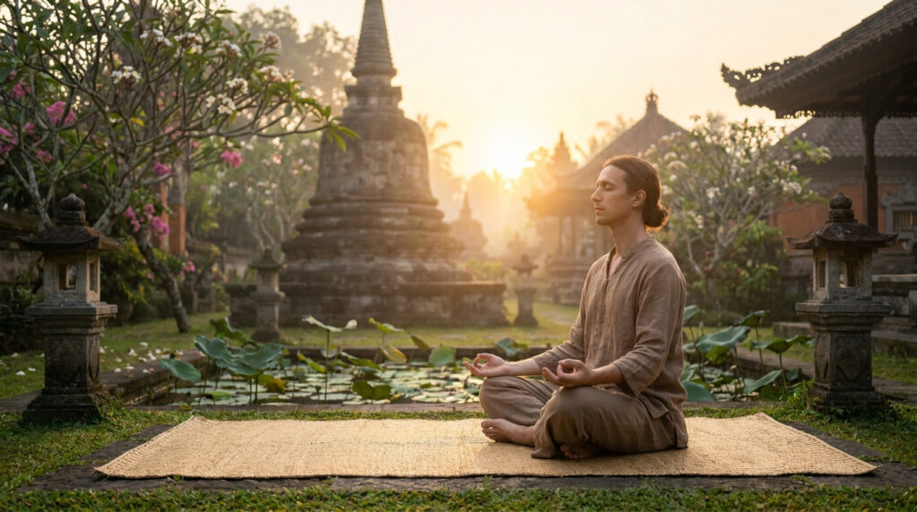 Un homme méditant en position du lotus dans un jardin de temple paisible au coucher du soleil.
