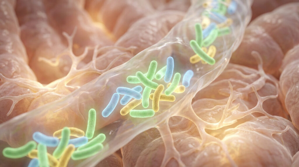 Vue microscopique de bactéries colorées circulant dans un vaisseau intestinal sur fond de tissus biologiques.