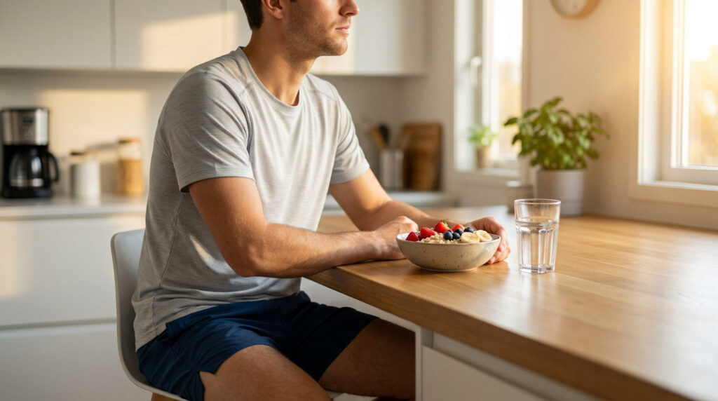 Un homme en tenue de sport assis devant un bol de porridge aux fruits dans une cuisine ensoleillée.