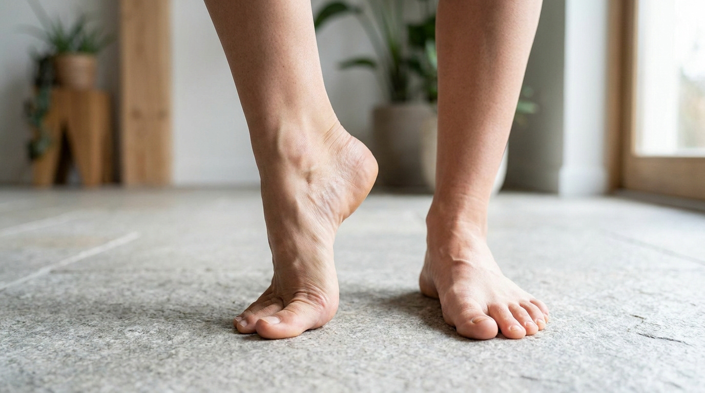 Gros plan sur les pieds d'une personne effectuant un exercice de renforcement de la voûte plantaire au sol.