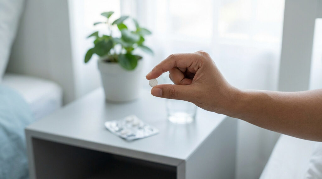 Une main tenant un comprimé blanc, avec une boîte de médicaments sur une table de chevet en arrière-plan.