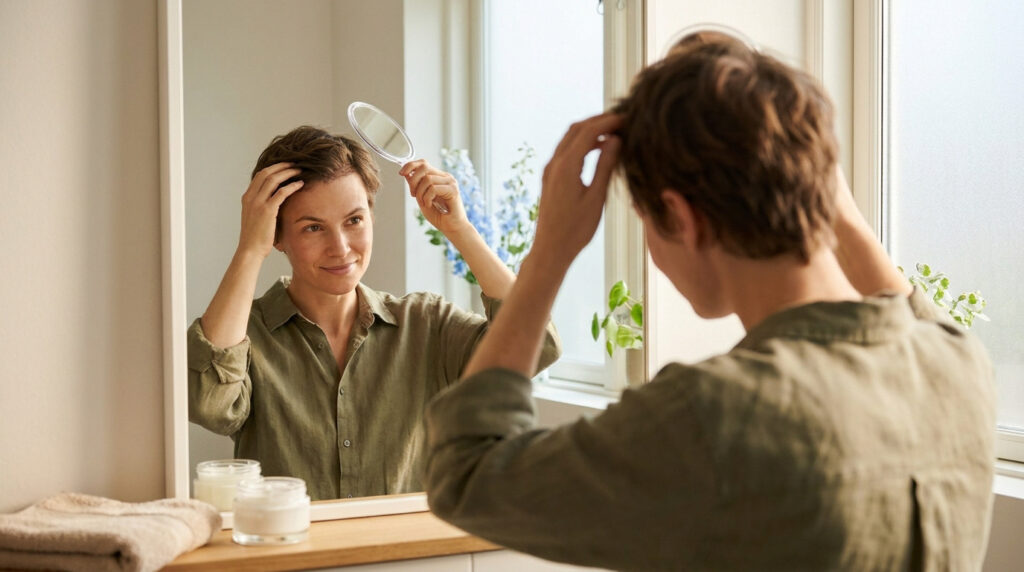 Une personne examine sa ligne capillaire dans un miroir après une greffe de cheveux.
