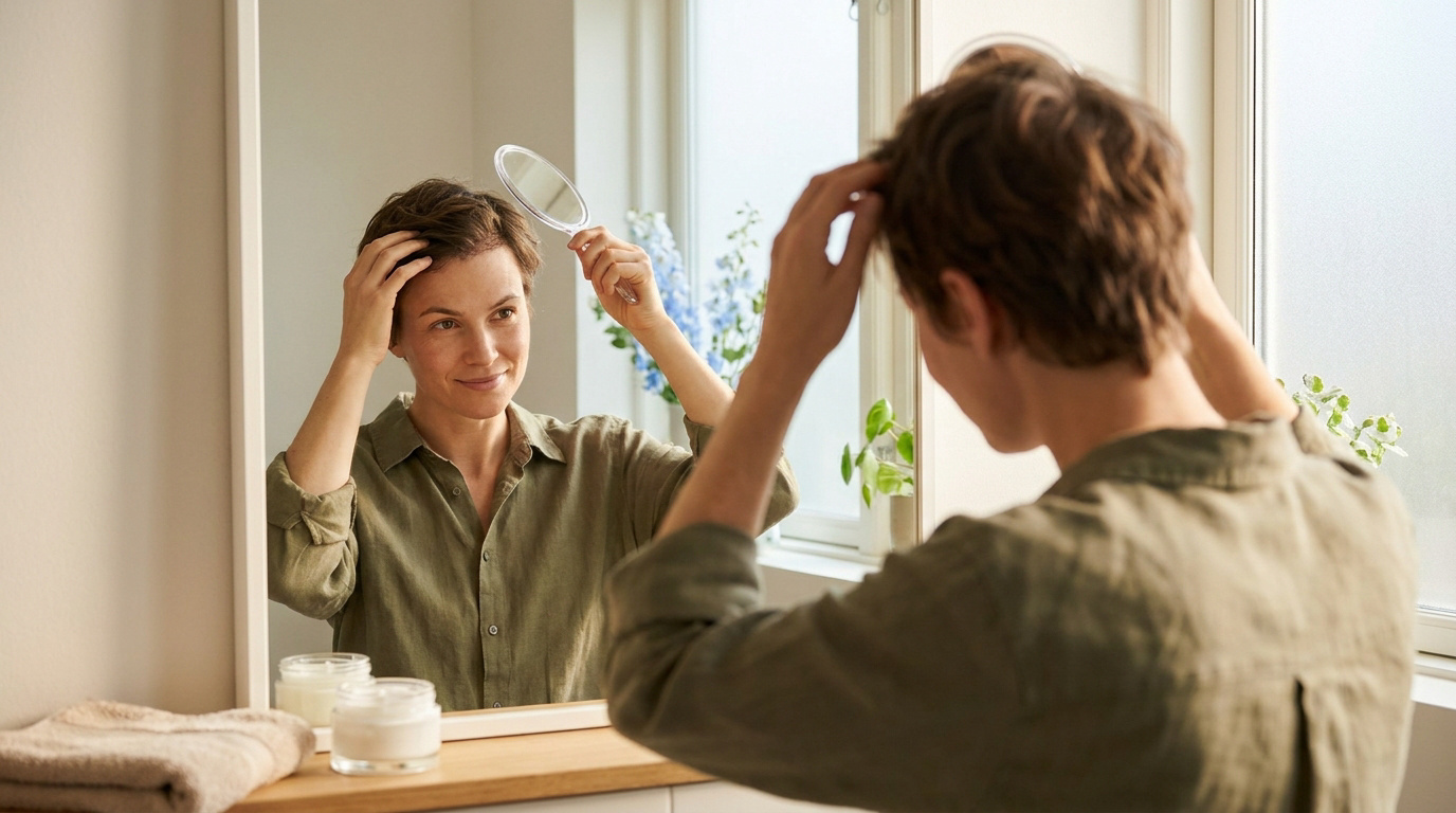 Une personne examine sa ligne capillaire dans un miroir après une greffe de cheveux.
