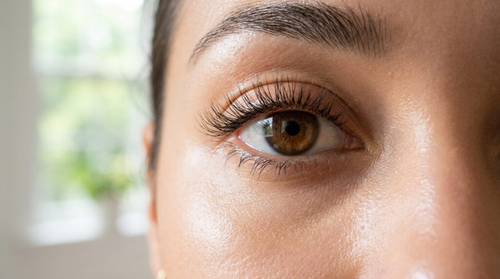 Gros plan sur l'œil d'une femme mettant en valeur des cils longs, naturels et bien définis.