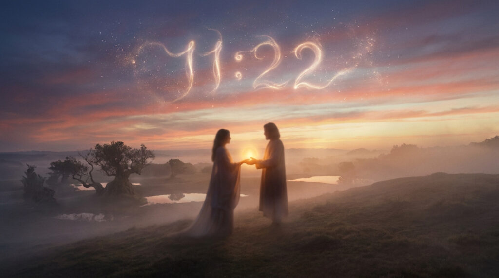 Un couple se tenant la main au coucher du soleil avec 11:22 écrit dans le ciel étoilé.