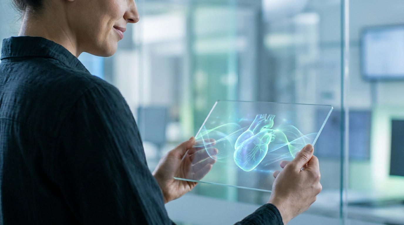 Une scientifique examine une projection holographique 3D d'un cœur humain sur une tablette en verre transparente.