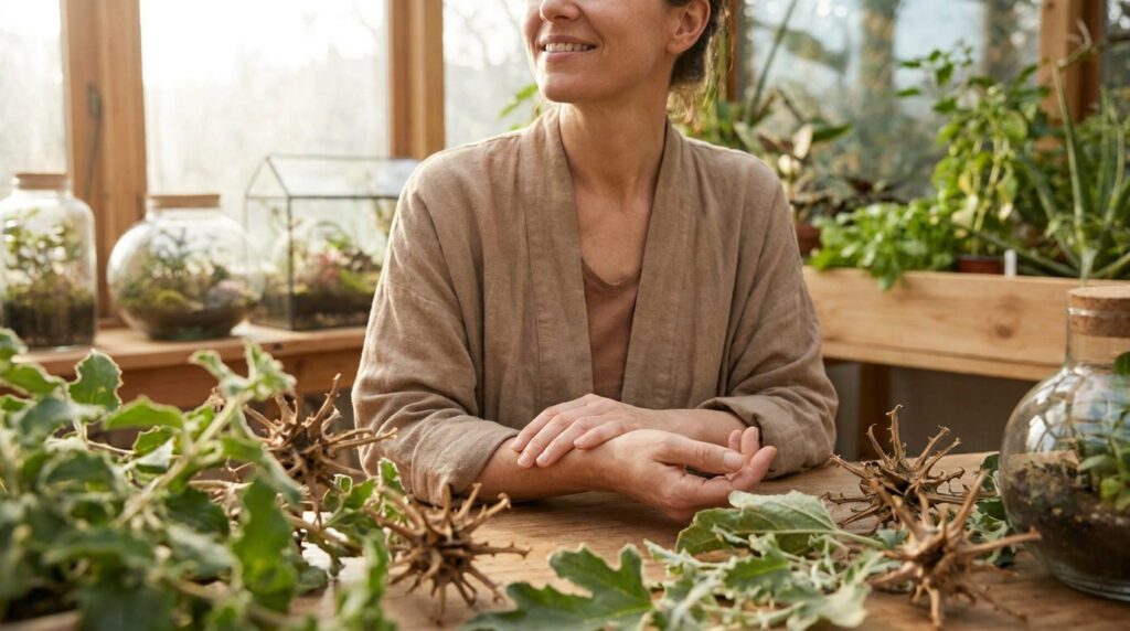 Une femme souriante dans une serre, examinant des plantes médicinales sur une table en bois.