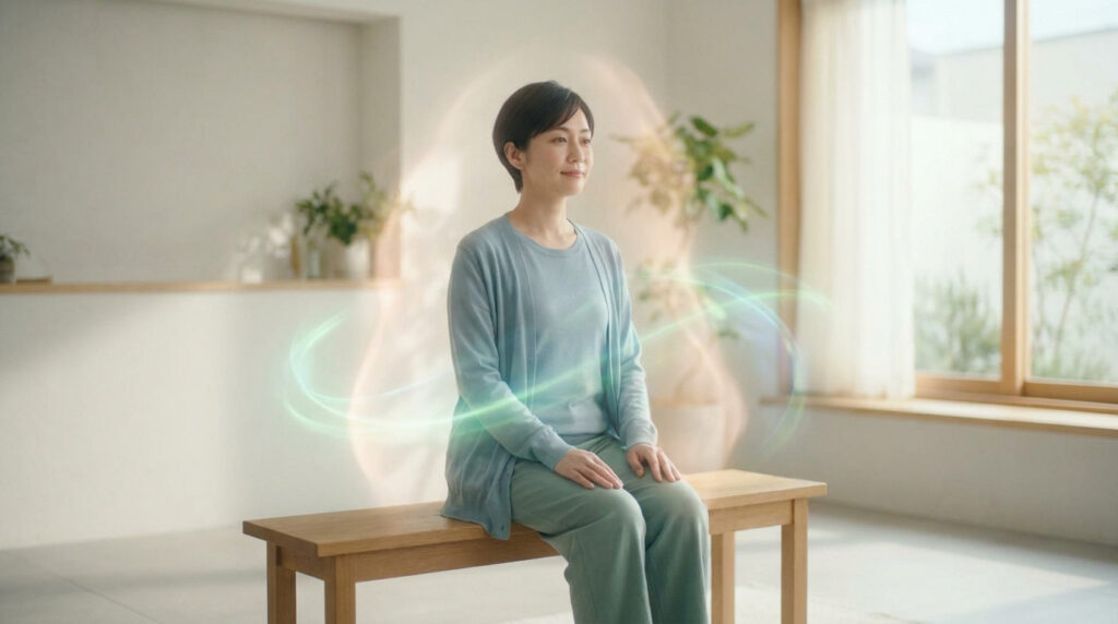 Une femme sereine assise sur un banc, entourée d'une aura lumineuse symbolisant la régénération cellulaire.