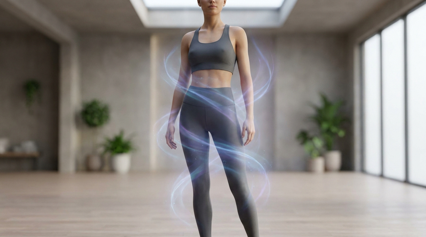 Femme en tenue de sport entourée d'un halo lumineux bleuté symbolisant l'action de la cavitation sur la silhouette.
