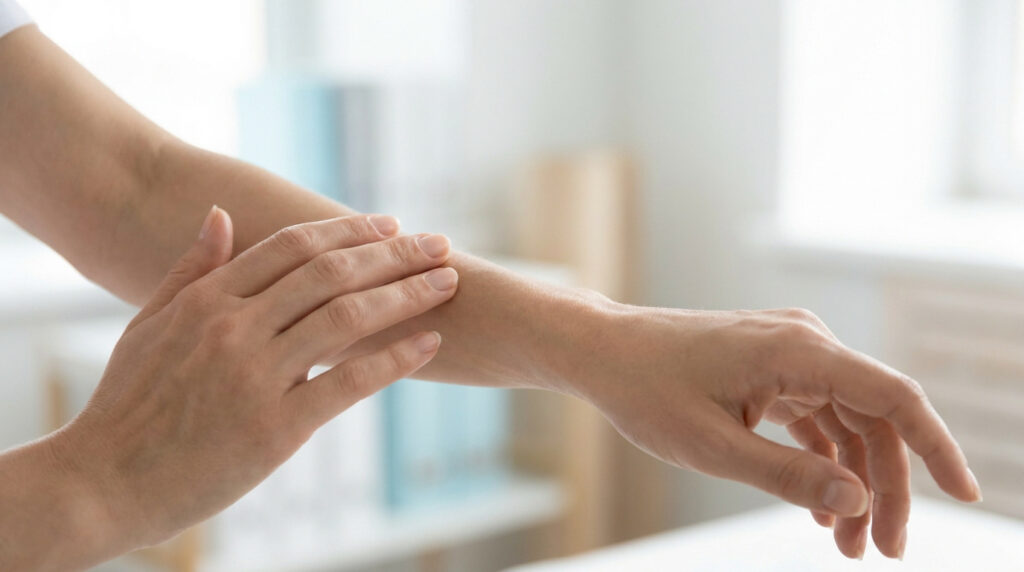 Gros plan sur les mains d'une personne examinant la peau de son avant-bras dans un environnement médical.