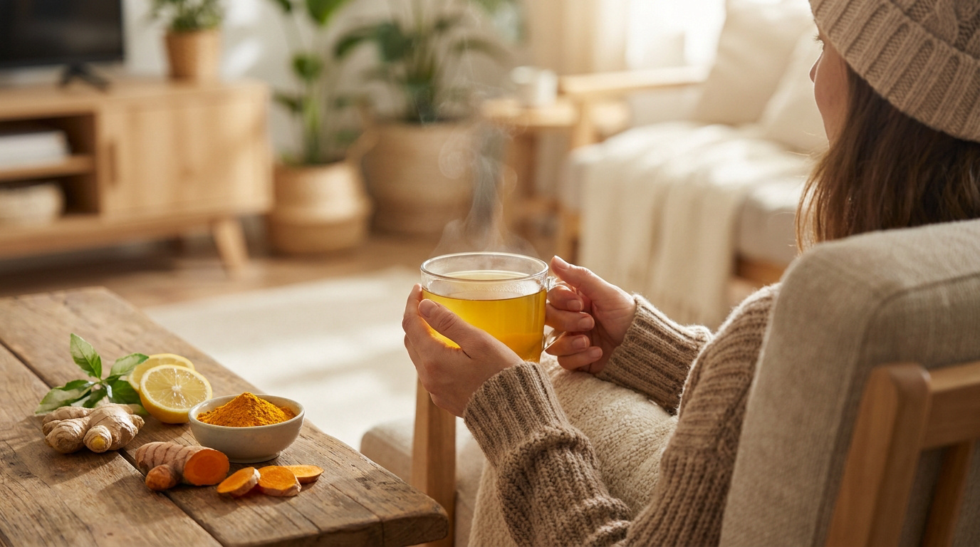 Une personne tenant une tasse de thé chaud fumant, avec du curcuma frais, de la poudre et du citron sur une table.